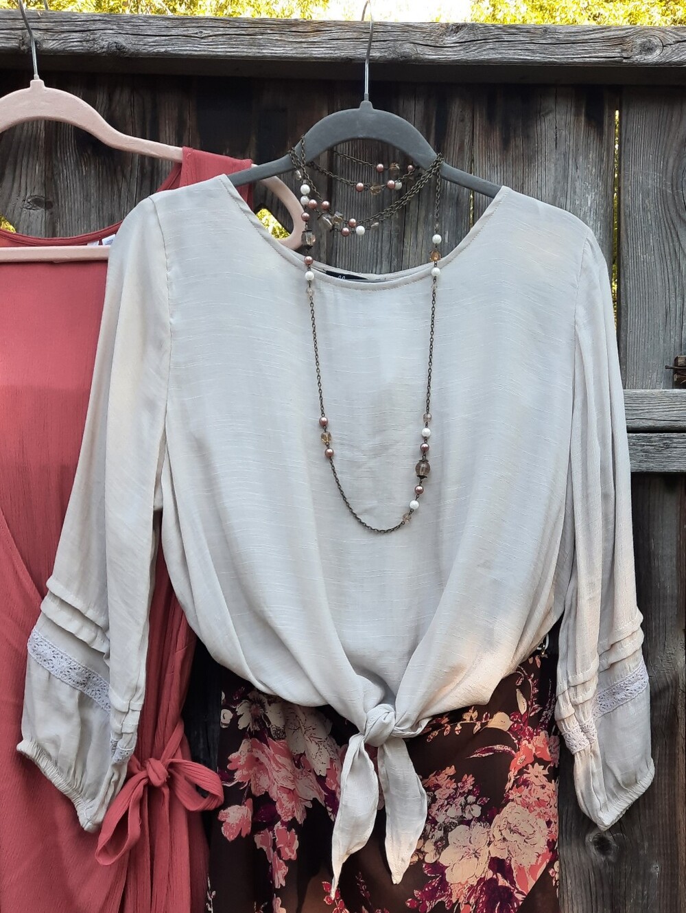 Tie Front, Light Beige Long Sleeve Blouse, Elastisized Cuff, Scoop Neck